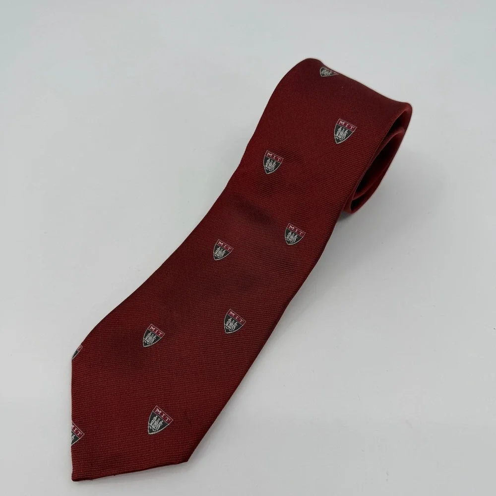 Vtg 90s Rivetz of Boston Tie Mens Silk MIT Crest Logo Burgundy Red Necktie Ivy
